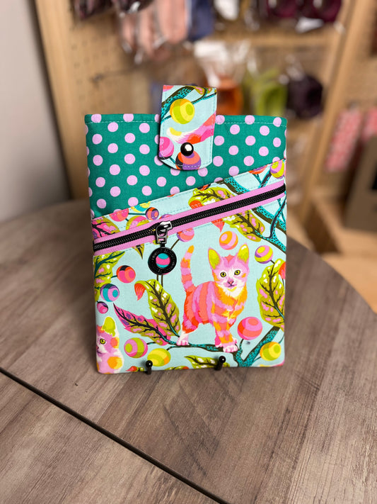 Disco Kitty Book Sleeve with Green and Purple Polka Dots