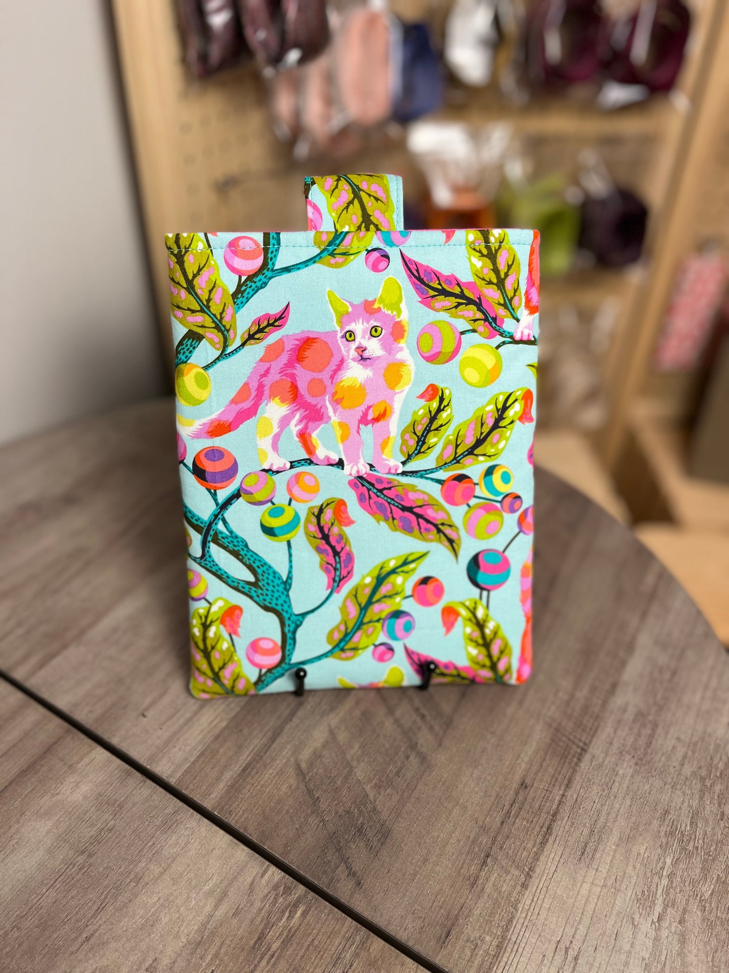 Disco Kitty Book Sleeve with Green and Purple Polka Dots